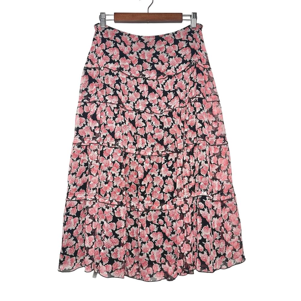 Sundance | Women | 100% Silk Tiered Sheer Dark Floral Boho Midi Skirt | Size 6